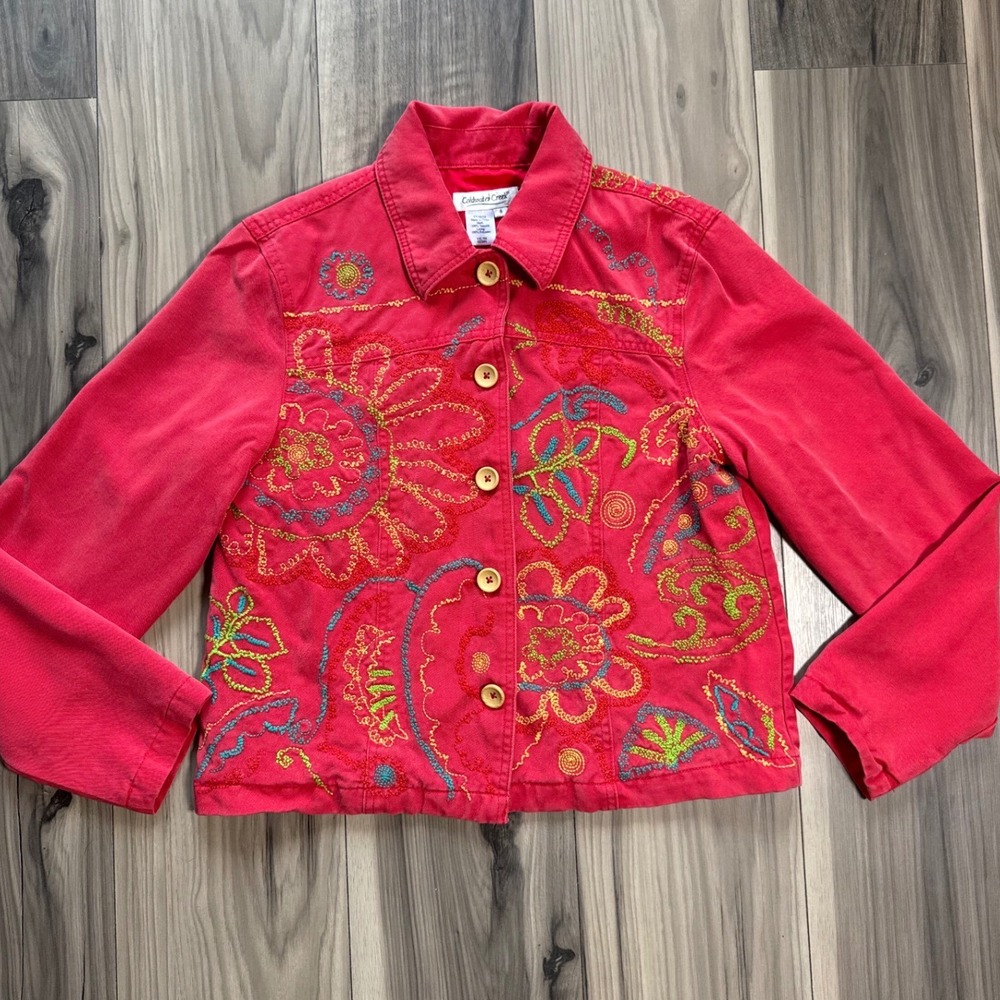 Coldwater Creek Pink Denim Jacket Floral Paisley Embroidered Button Front Size 8